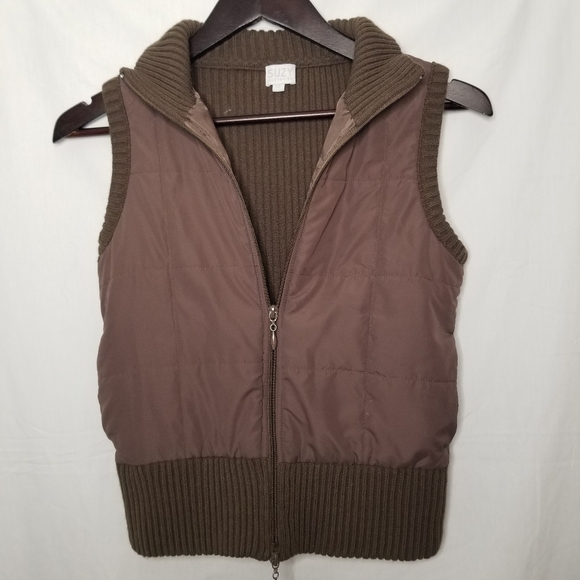 SUZY SHIER puffy double two way zip up brown vest - Picture 4 of 9